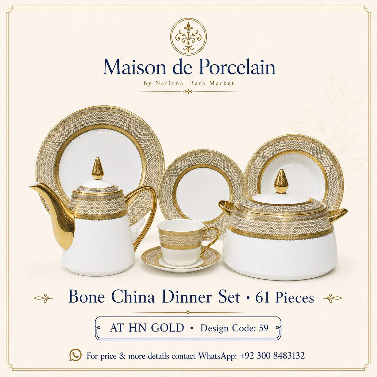 Bone China Dinner Set – AT HN Gold | 61 Pieces (Serves 8)