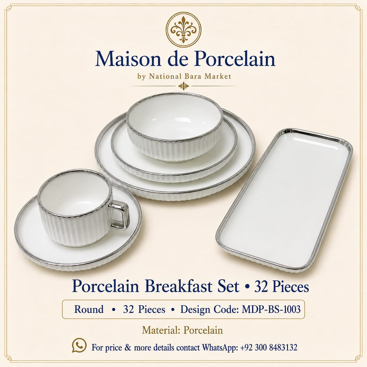 Premium Porcelain Breakfast Set – Round | 32 Pieces | Design Code: MDP-BS-1003
