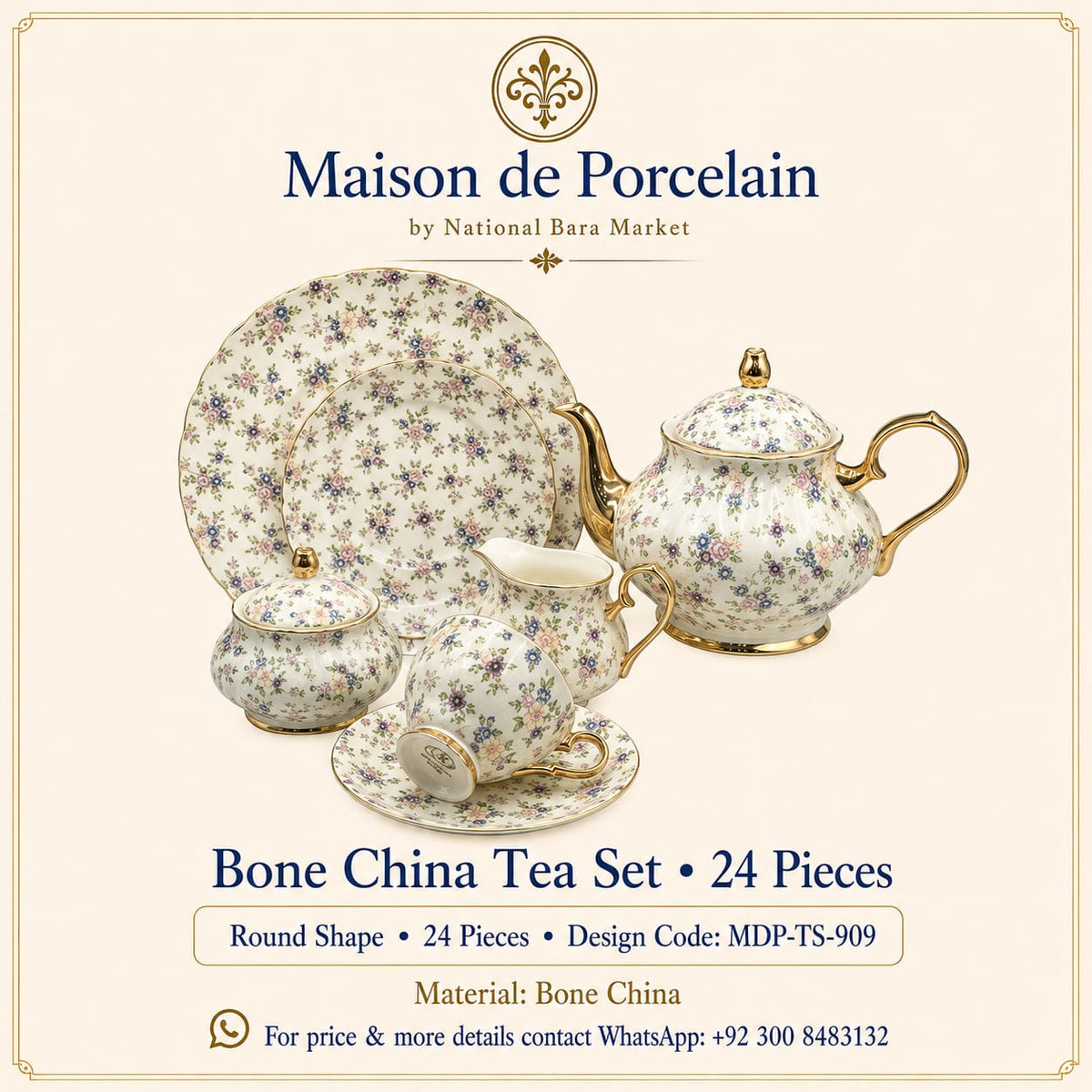 Premium Bone China Tea Set – Round Shape | 24 Pieces | Design Code: MDP-TS-909