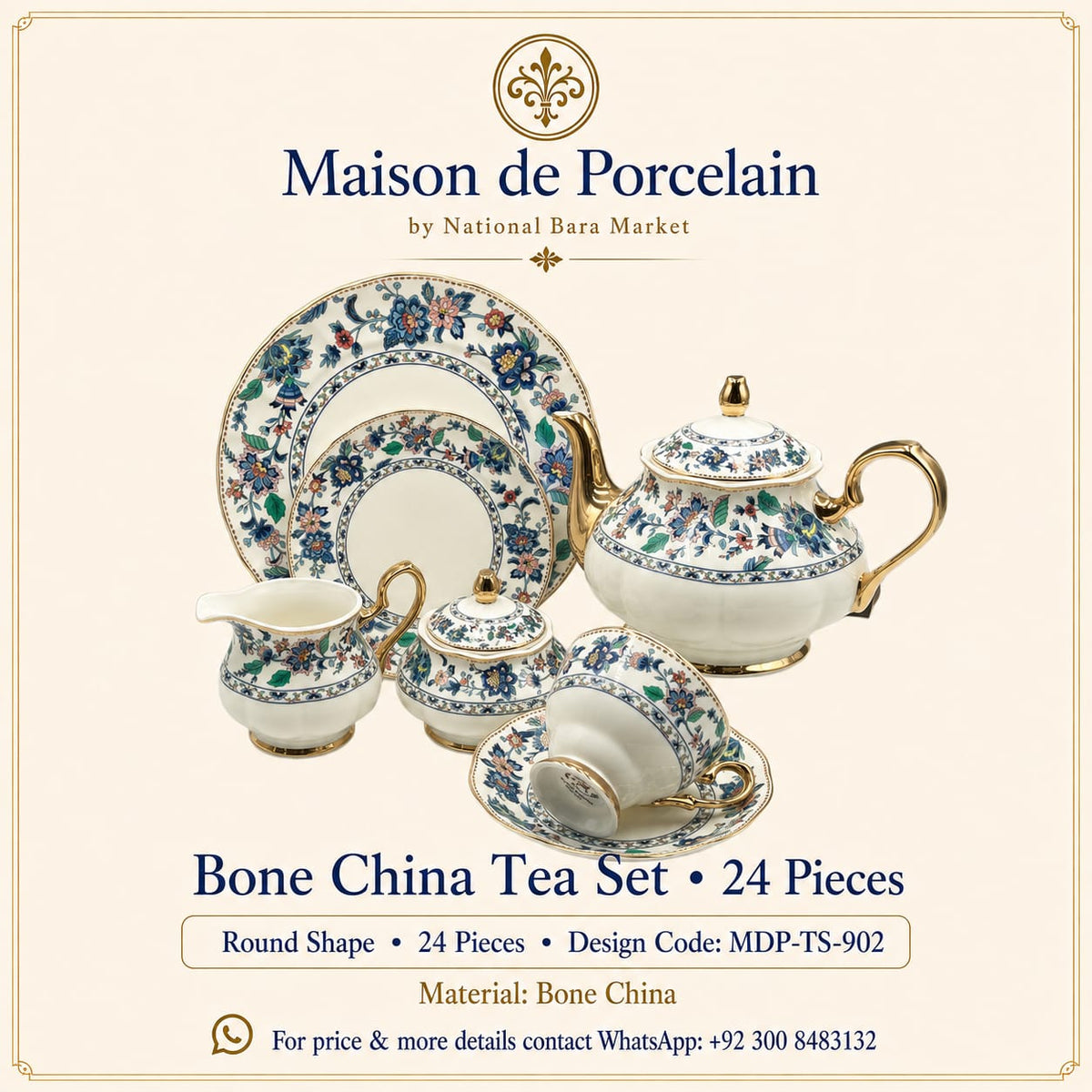 Premium Bone China Tea Set – Round Shape | 24 Pieces | Design Code: MDP-TS-902