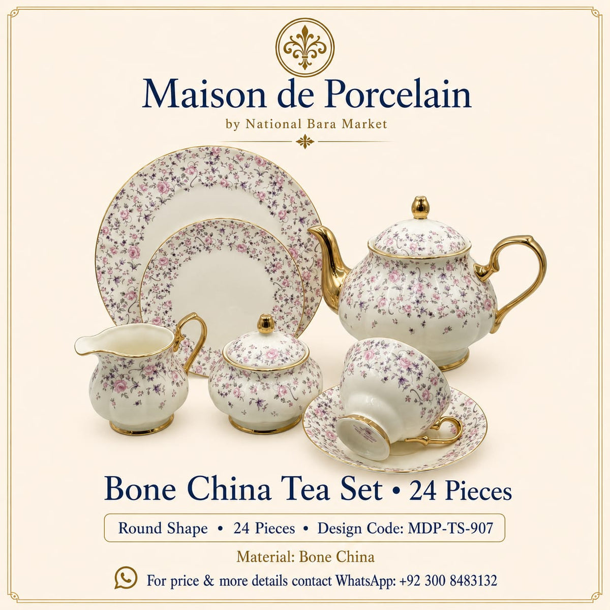Premium Bone China Tea Set – Round Shape | 24 Pieces | Design Code: MDP-TS-907