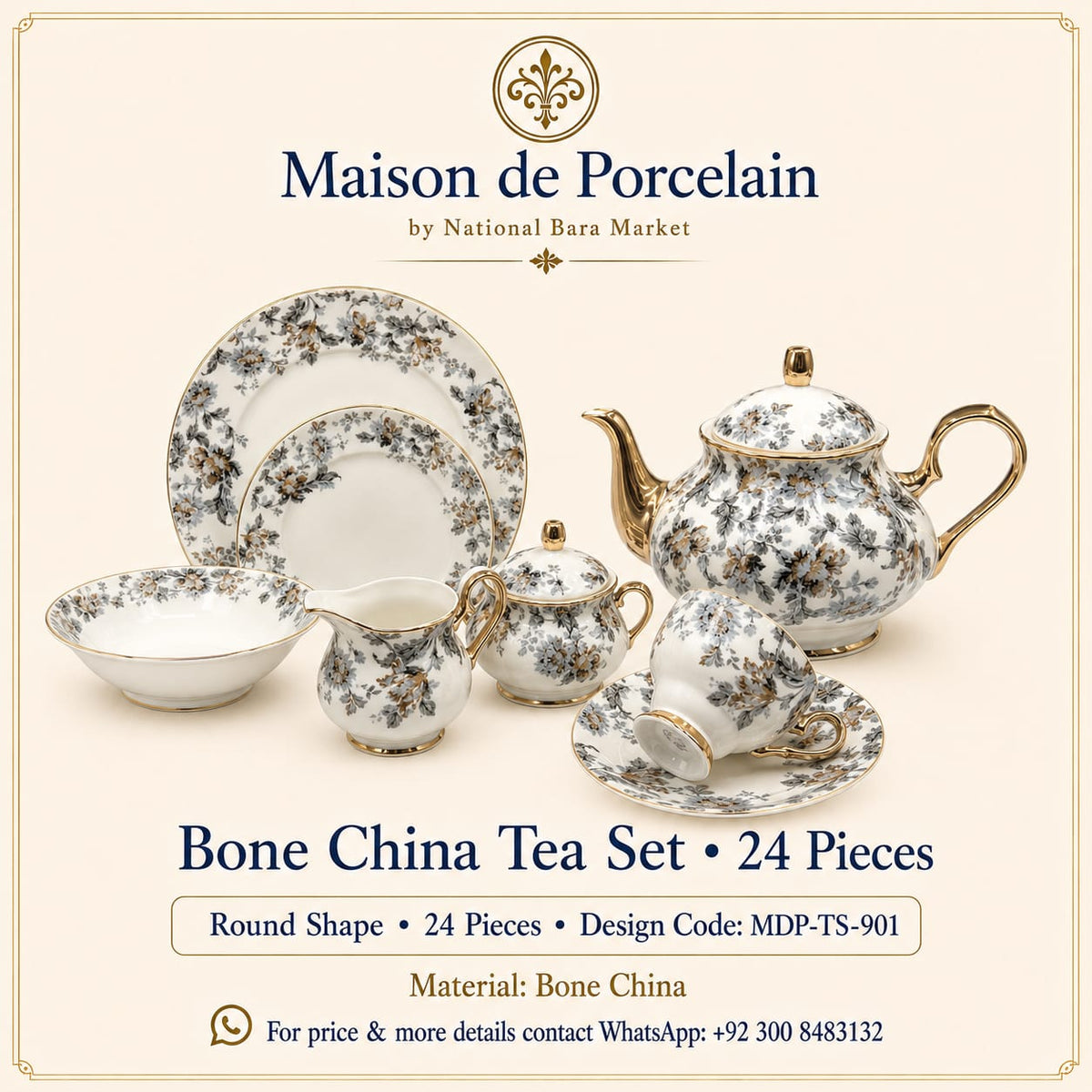 Premium Bone China Tea Set – Round Shape | 24 Pieces | Design Code: MDP-TS-901
