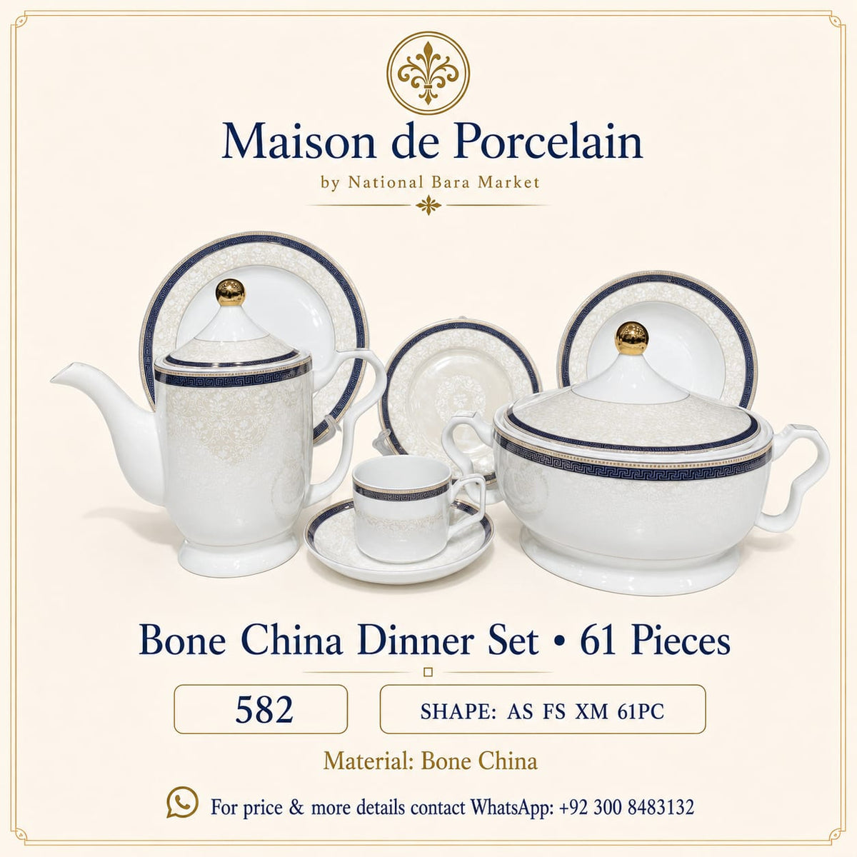 Bone China Dinner Set – AS FS XM | 61 Pieces | Design Code: 582