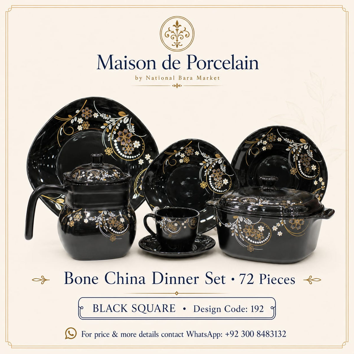 Bone China Dinner Set – BLACK SQUARE | 72 Pieces | Design Code: 192