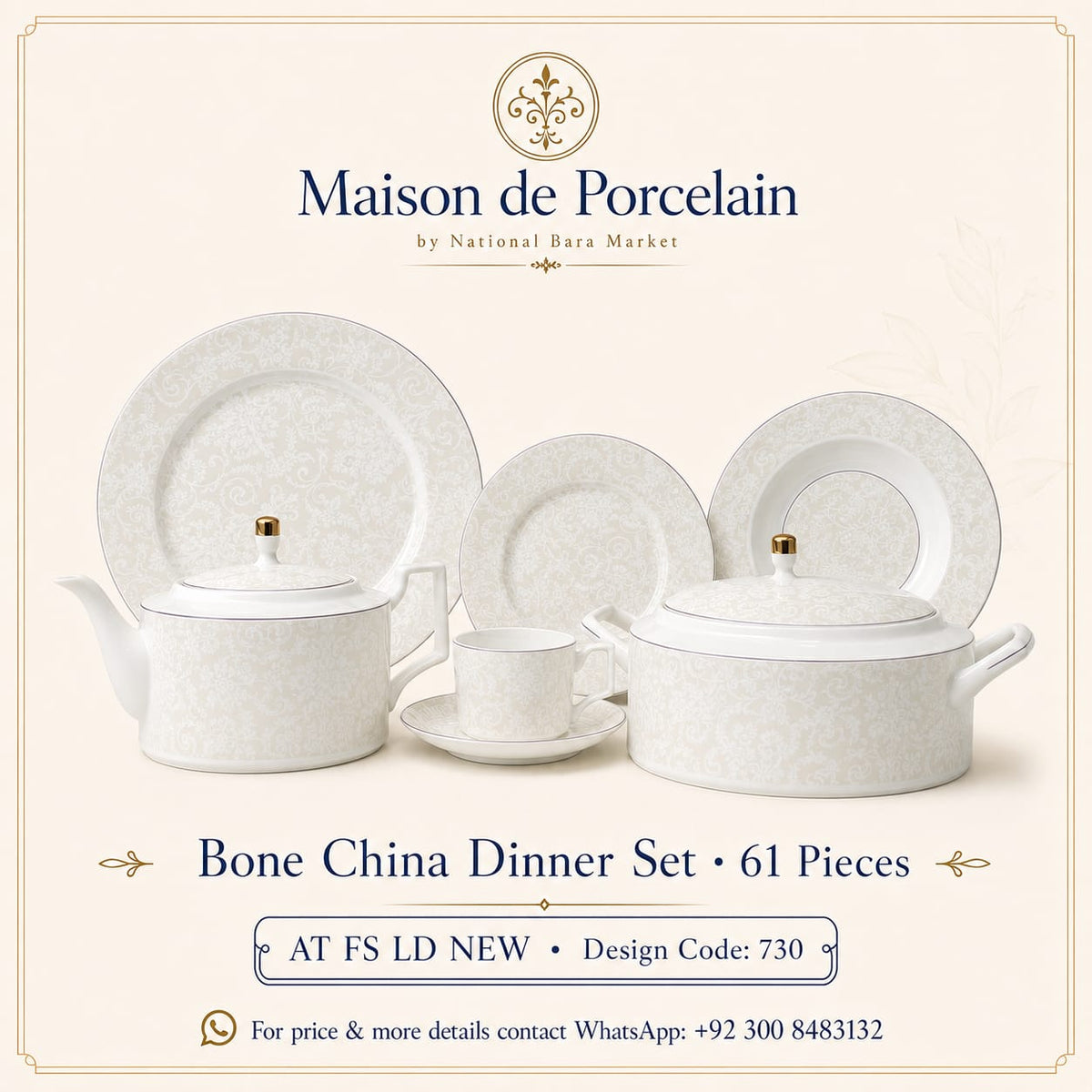 Bone China Dinner Set – AT FS LD NEW | 61 Pieces | Design Code: 730