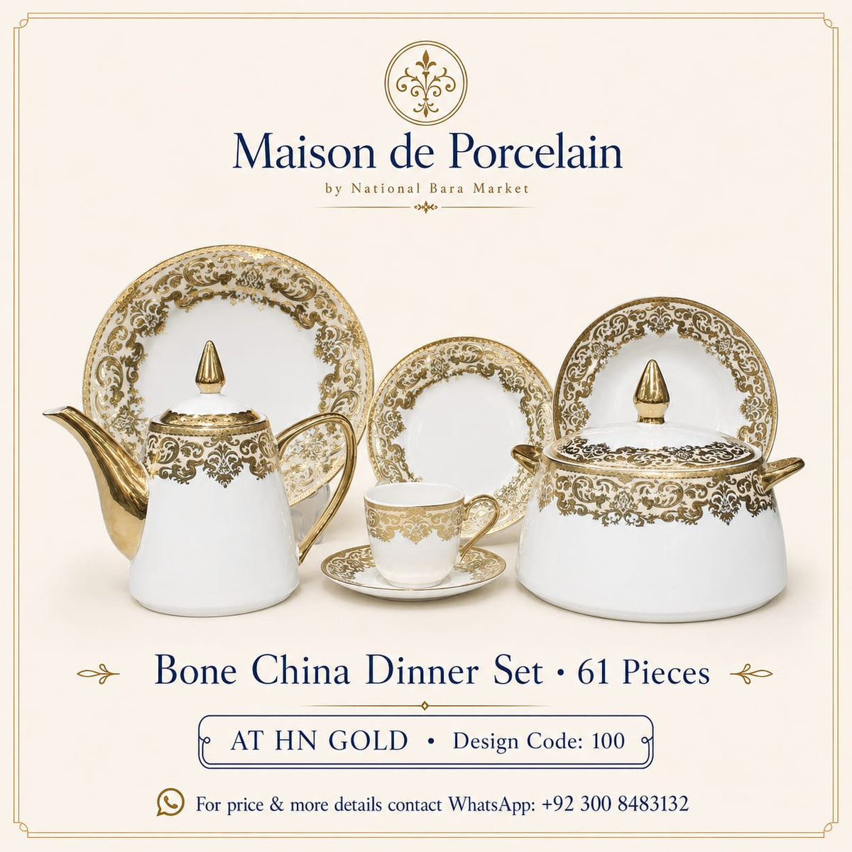 Bone China Dinner Set – AT HN GOLD | 61 Pieces | Design Code: 100