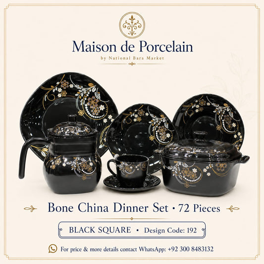 Bone China Dinner Set – BLACK SQUARE | 72 Pieces | Design Code: 192
