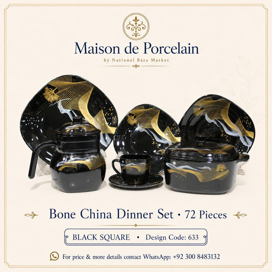 Bone China Dinner Set – BLACK SQUARE | 72 Pieces | Design Code: 633