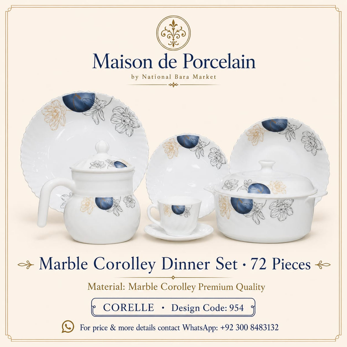 Marble Corolley Dinner Set – Blue Floral | 72 Pieces | Design Code: 954