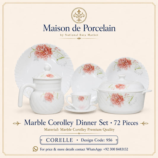 Marble Corolley Dinner Set – Pink Rose Floral | 72 Pieces | Design Code: 957