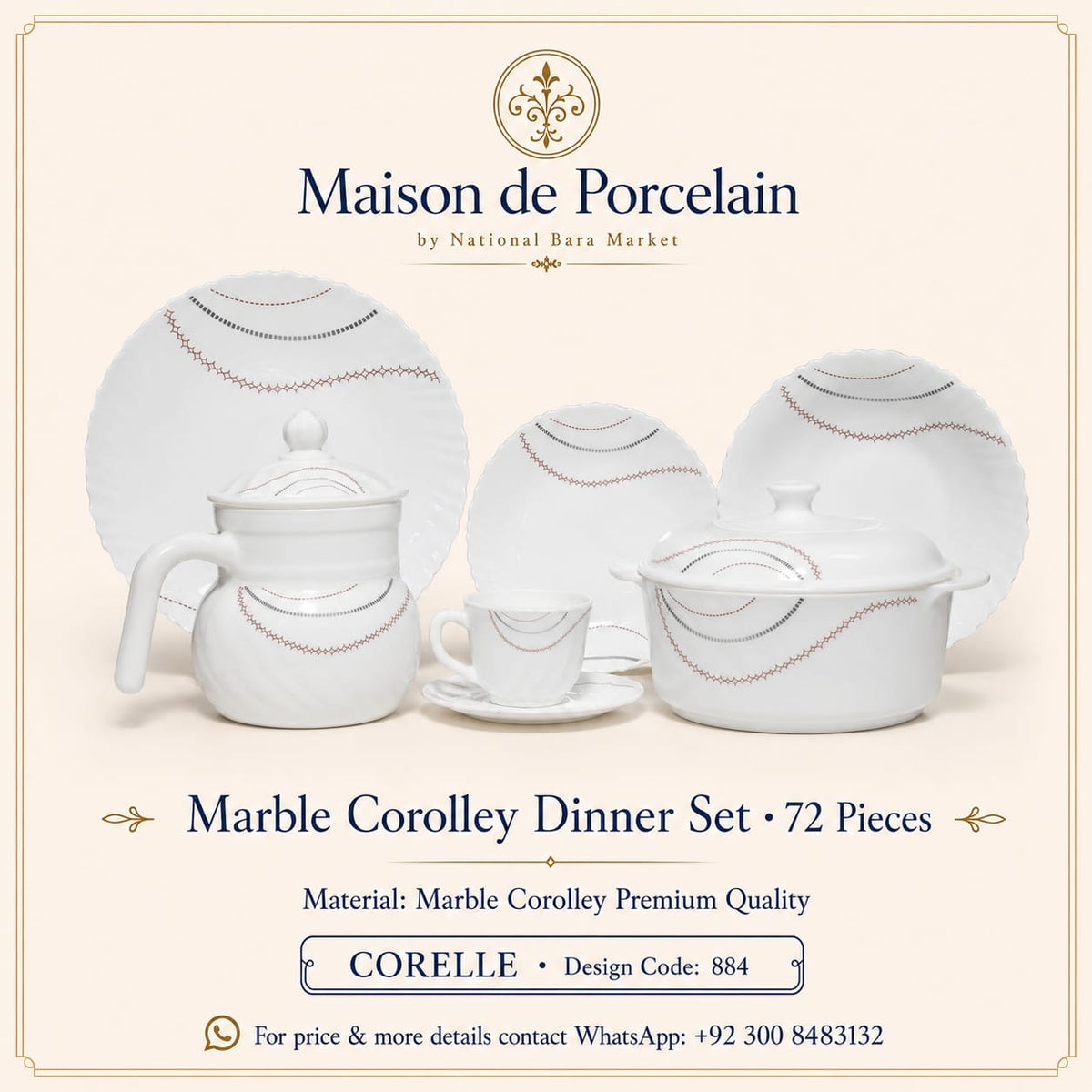 Marble Corolley Dinner Set – Rose Gold Chain | 72 Pieces | Design Code: 884