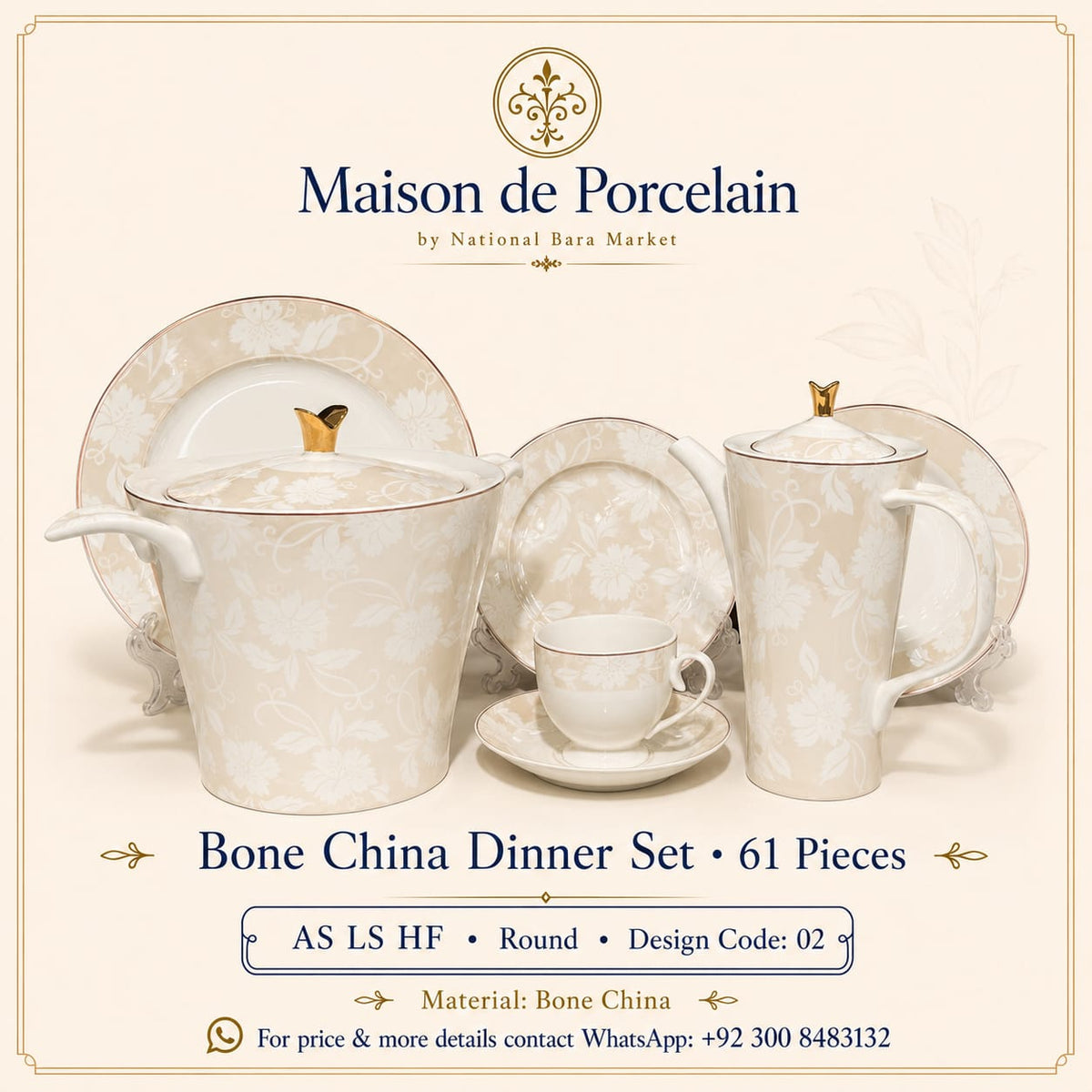 Bone China Dinner Set – AS LS HF | 61 Pieces | Design Code: 02
