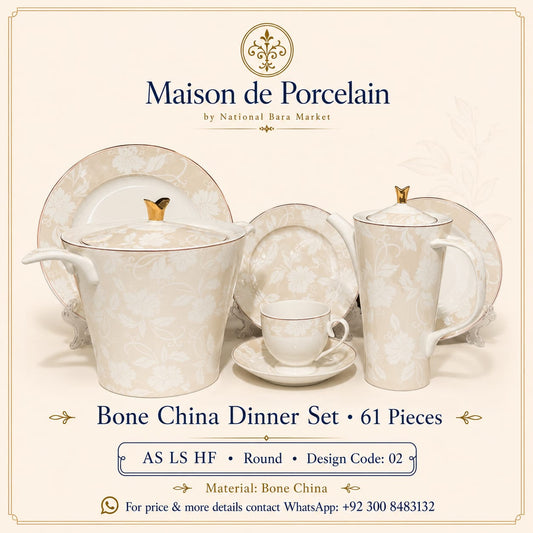 Bone China Dinner Set – AS LS HF | 61 Pieces | Design Code: 02