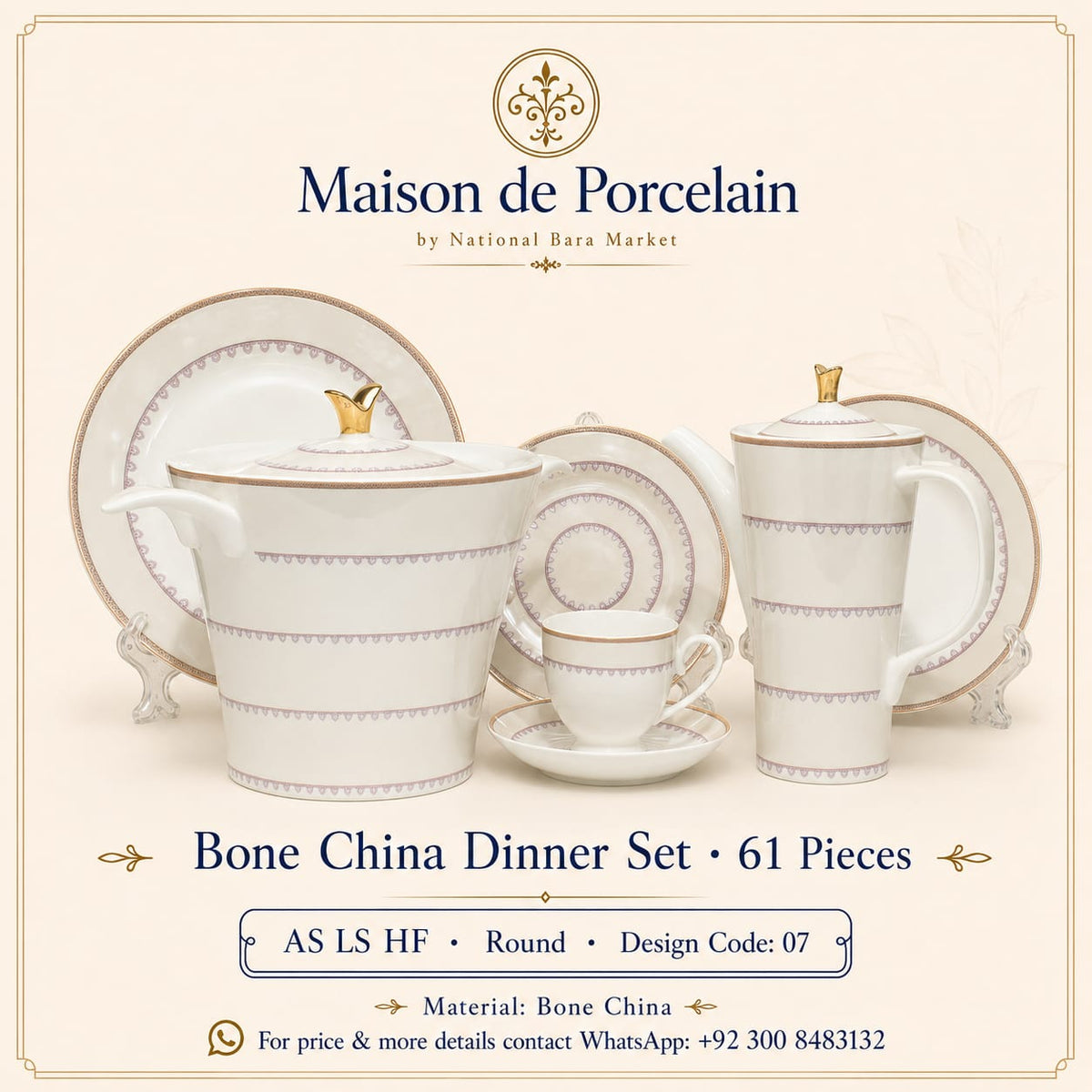 Bone China Dinner Set – AS LS HF | 61 Pieces | Design Code: 07