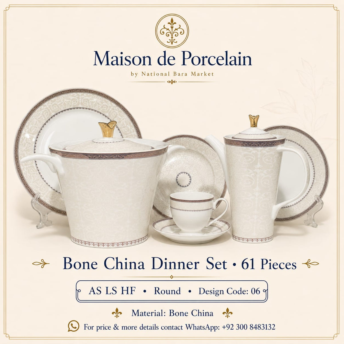 Bone China Dinner Set – AS LS HF | 61 Pieces | Design Code: 06