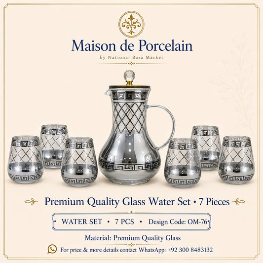 Premium Glass Water Set – SILVER LATTICE | 7 Pieces | Design Code: OM-76