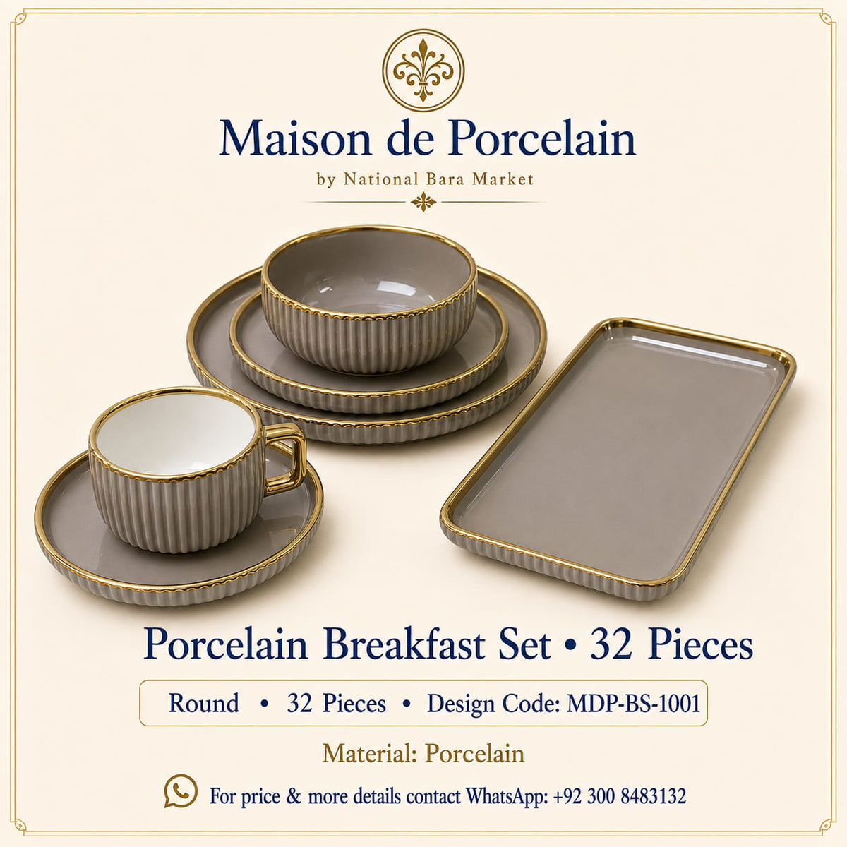 Premium Porcelain Breakfast Set – Round | 32 Pieces | Design Code: MDP-BS-1001