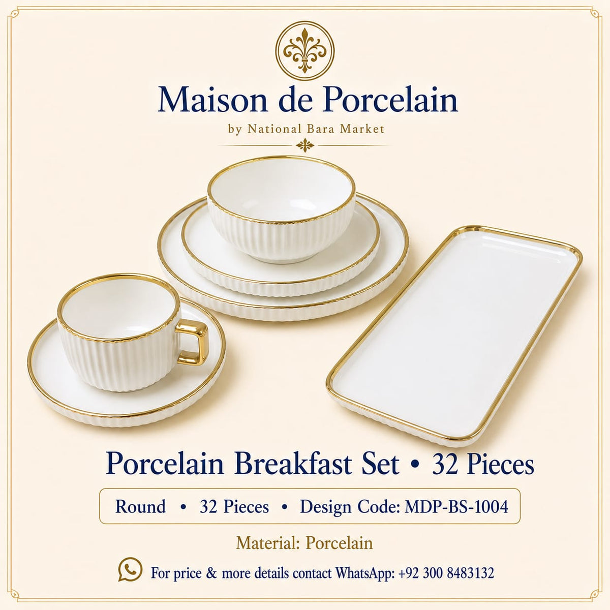 Premium Porcelain Breakfast Set – White Gold Ribbed | 32 Pieces | Design Code: MDP-BS-1004