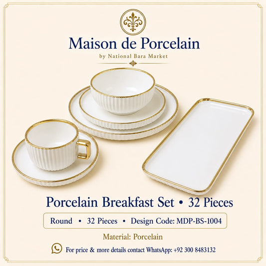 Premium Porcelain Breakfast Set – White Gold Ribbed | 32 Pieces | Design Code: MDP-BS-1004
