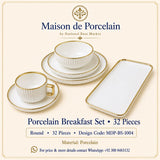 Premium Porcelain Breakfast Set – White Gold Ribbed | 32 Pieces | Design Code: MDP-BS-1004