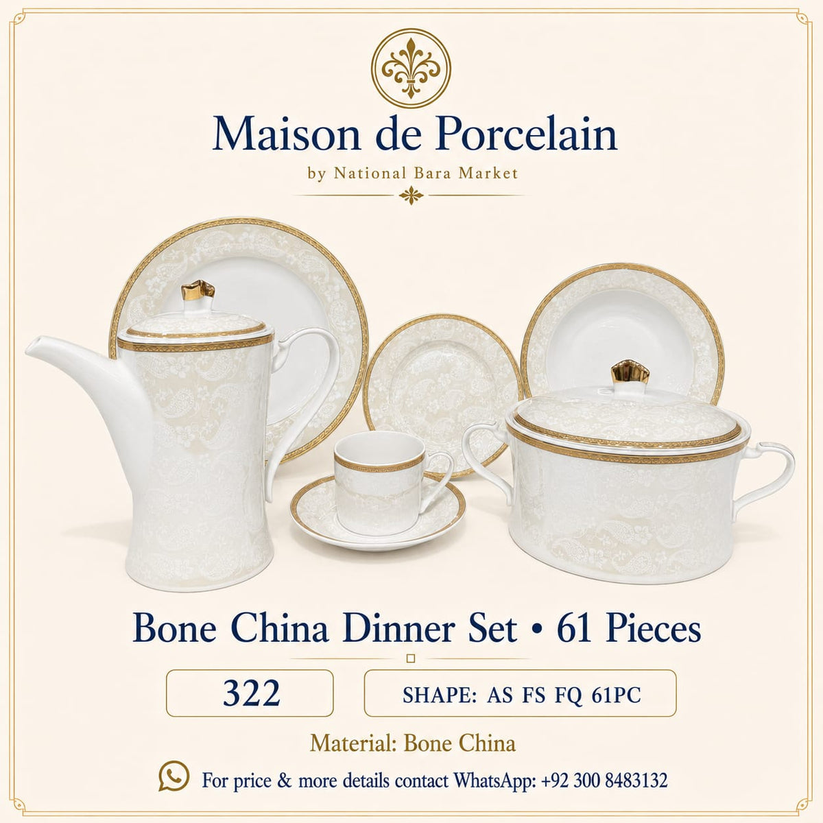 Bone China Dinner Set – AS FS FQ | 61 Pieces | Design Code: 322