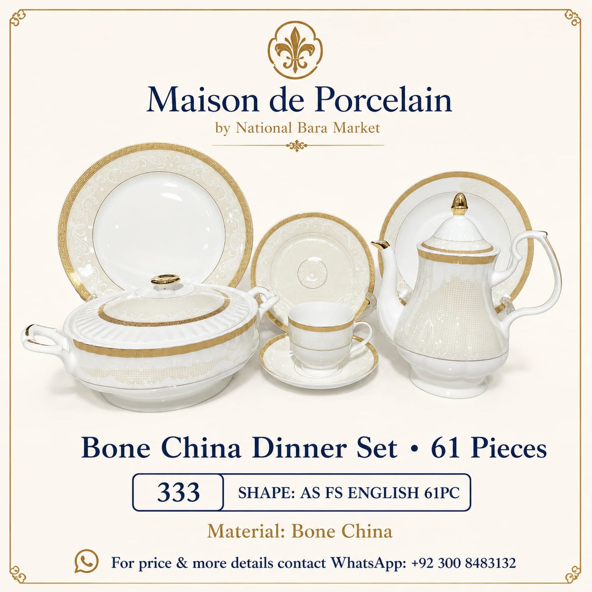Bone China Dinner Set – AS FS English | 61 Pieces | Design Code: 333