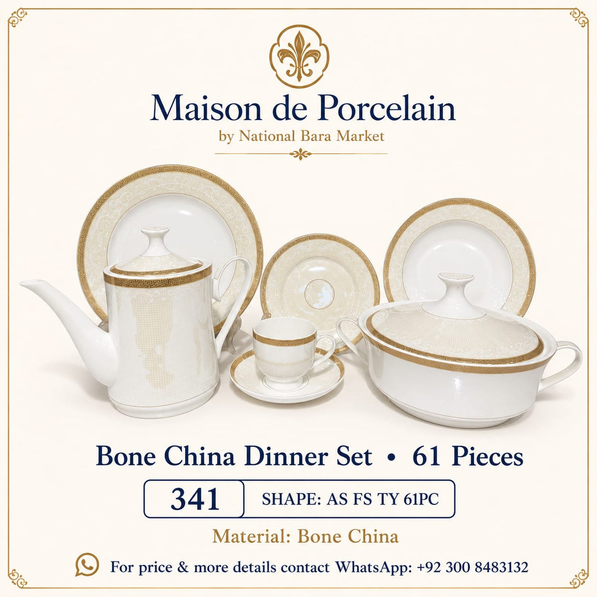 Bone China Dinner Set – AS FS TY | 61 Pieces | Design Code: 341