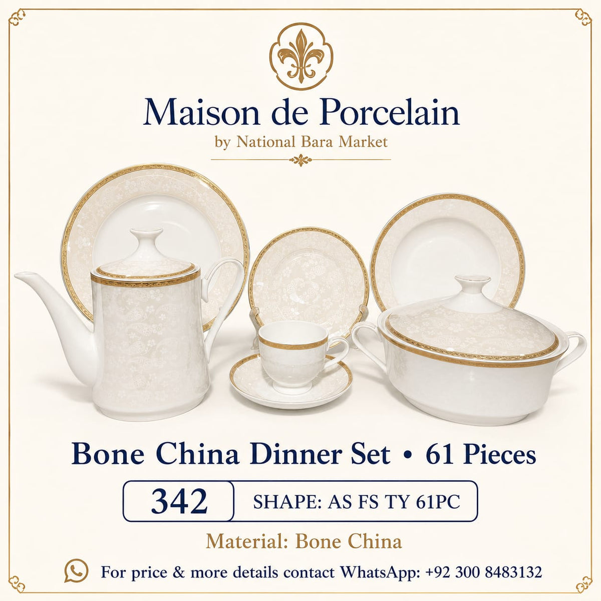 Bone China Dinner Set – AS FS TY | 61 Pieces | Design Code: 342