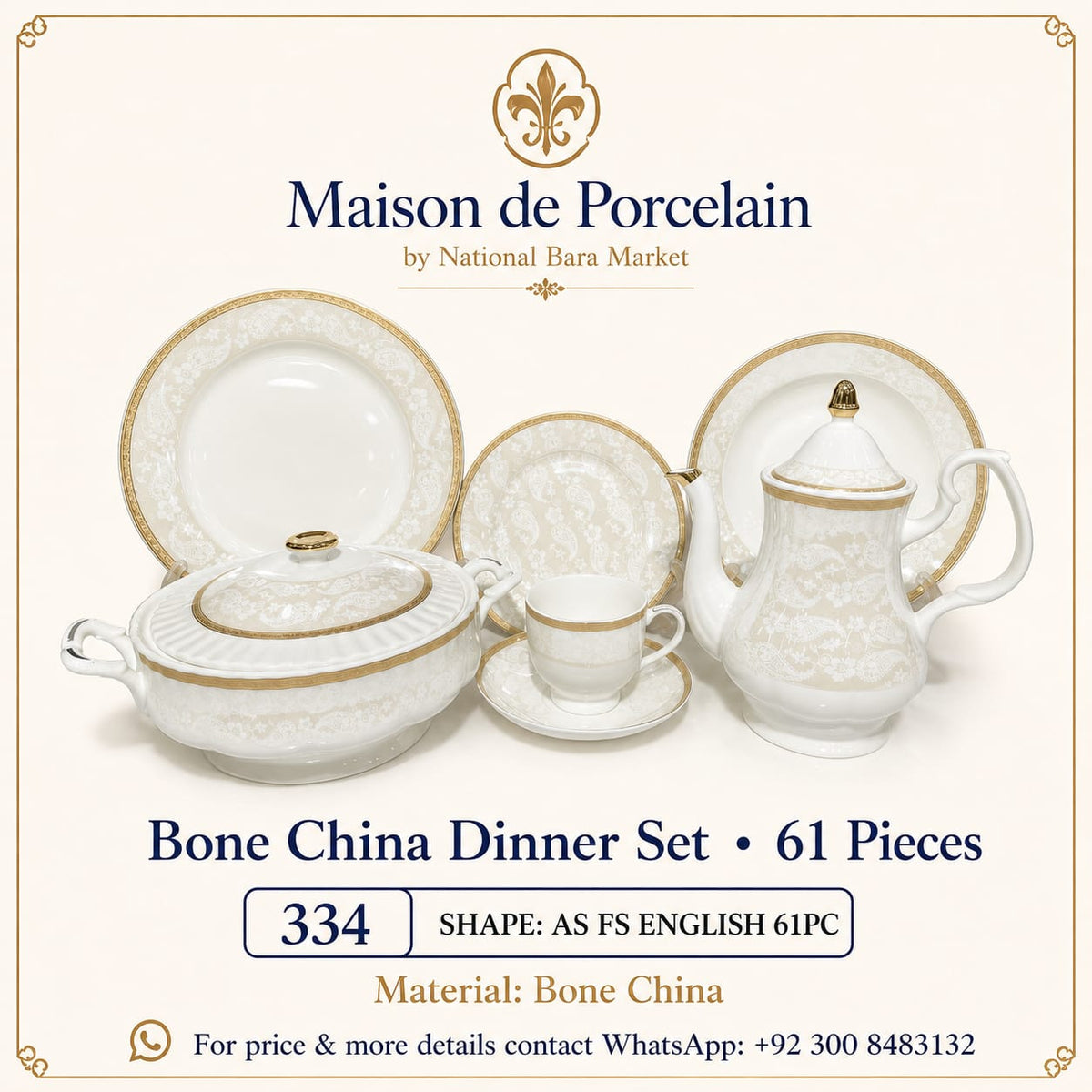 Bone China Dinner Set – AS FS ENGLISH | 61 Pieces | Design Code: 334