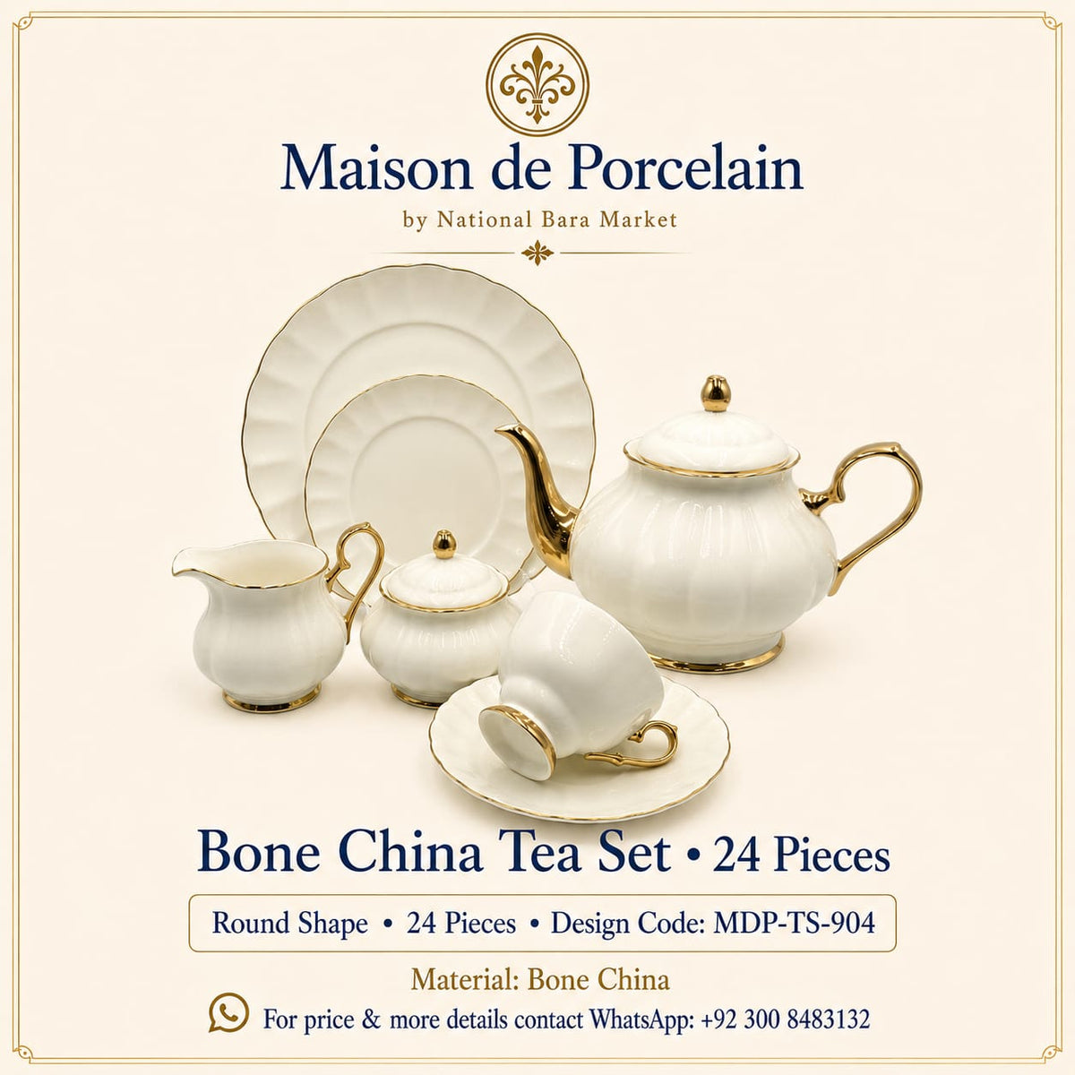Premium Bone China Tea Set – Round Shape | 24 Pieces | Design Code: MDP-TS-904
