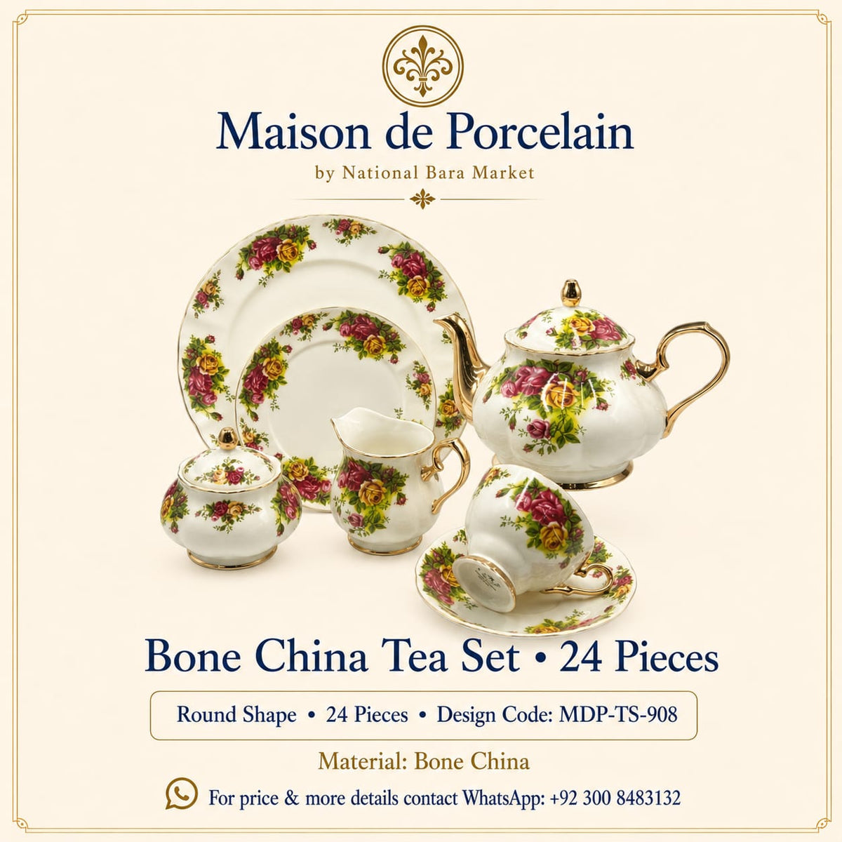 Premium Bone China Tea Set – Round Shape | 24 Pieces | Design Code: MDP-TS-908