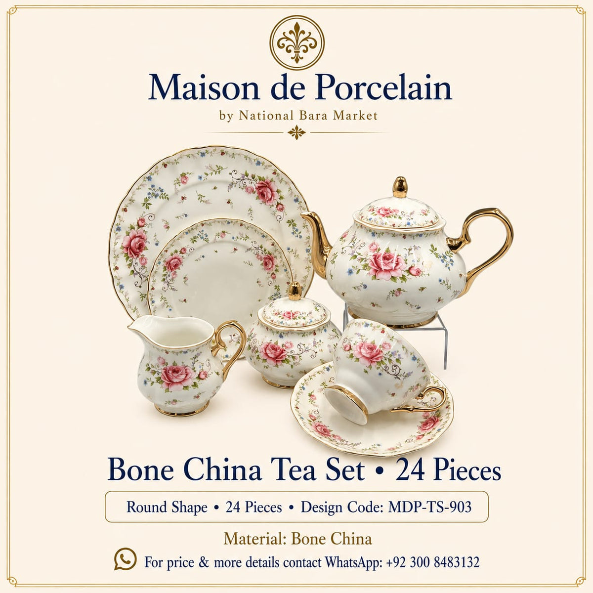 Premium Bone China Tea Set – Round Shape | 24 Pieces | Design Code: MDP-TS-903
