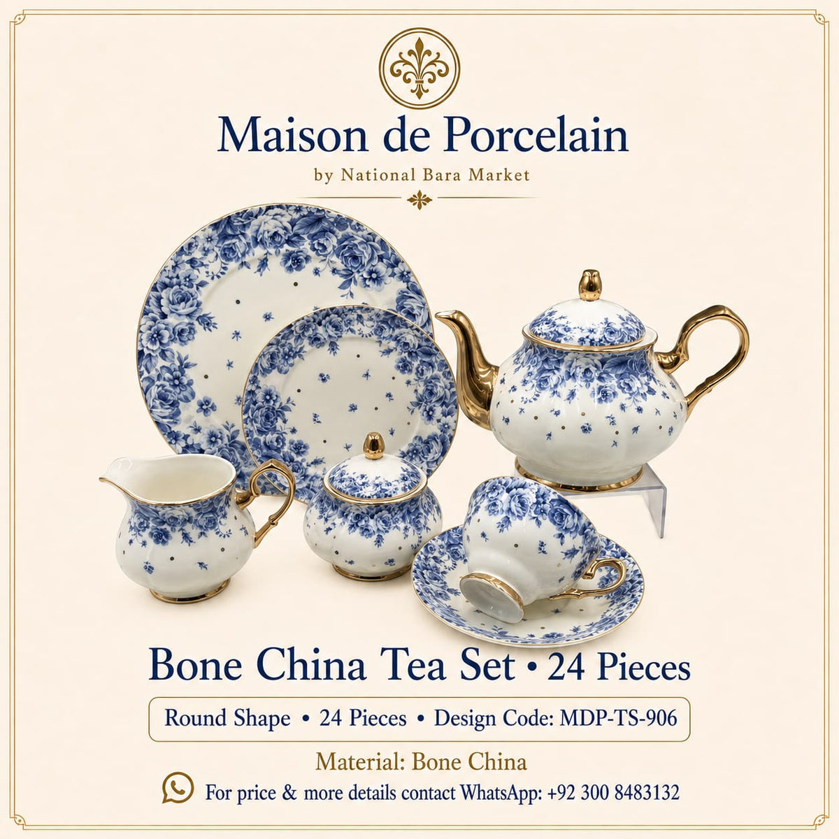 Premium Bone China Tea Set – Round Shape | 24 Pieces | Design Code: MDP-TS-906