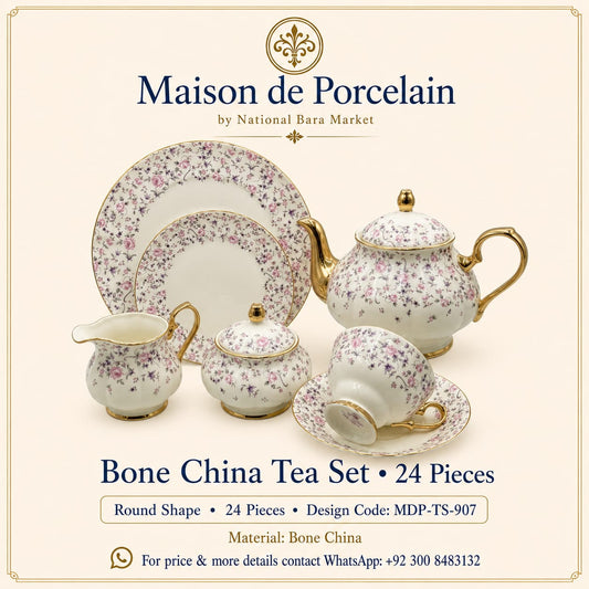 Premium Bone China Tea Set – Round Shape | 24 Pieces | Design Code: MDP-TS-907