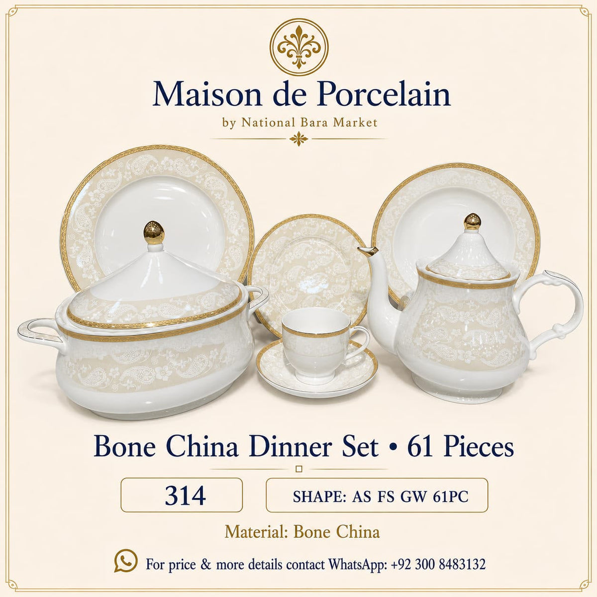 Bone China Dinner Set – AS FS GW | 61 Pieces | Design Code: 314
