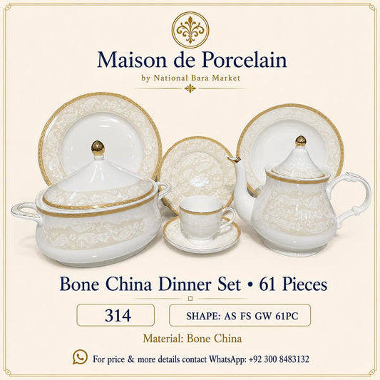Bone China Dinner Set – AS FS GW | 61 Pieces | Design Code: 314