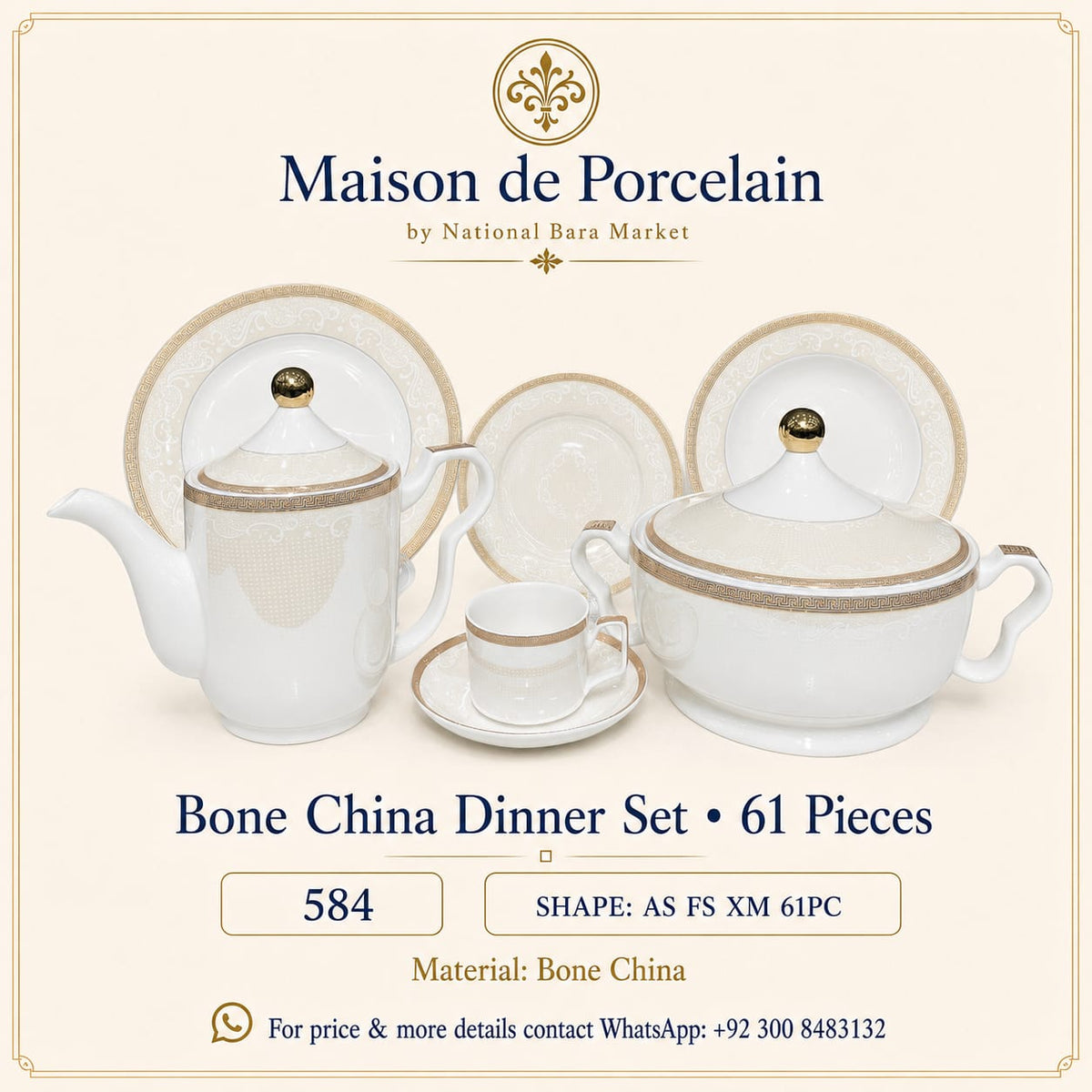 Bone China Dinner Set – AS FS XM | 61 Pieces | Design Code: 584