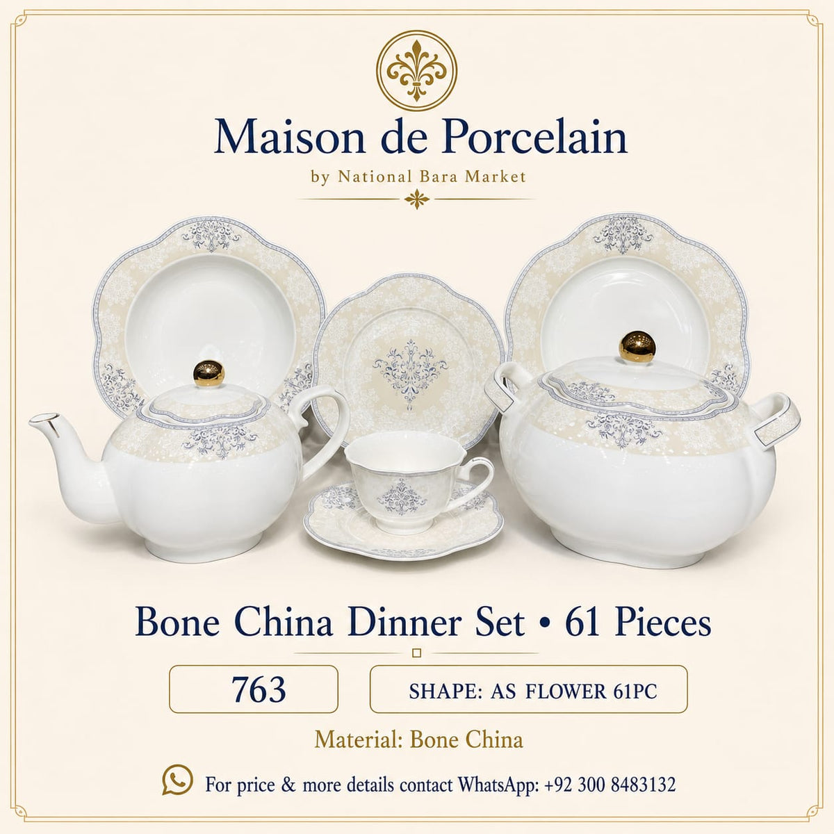 Bone China Dinner Set – AS FLOWER | 61 Pieces | Design Code: 763