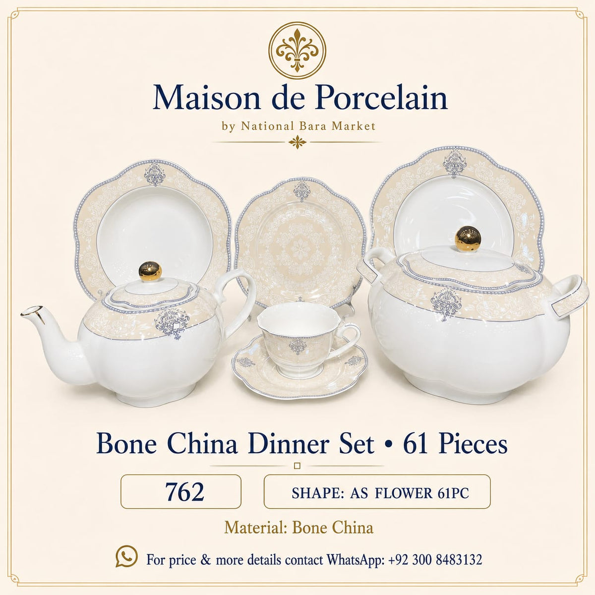 Bone China Dinner Set – AS FLOWER | 61 Pieces | Design Code: 762