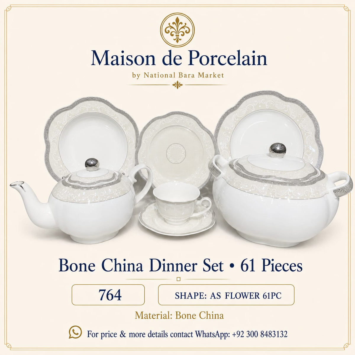 Bone China Dinner Set – AS FLOWER | 61 Pieces | Design Code: 764