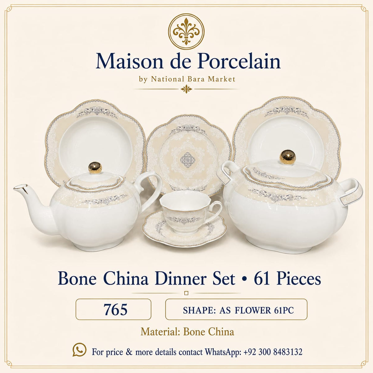Bone China Dinner Set – AS FLOWER | 61 Pieces | Design Code: 765