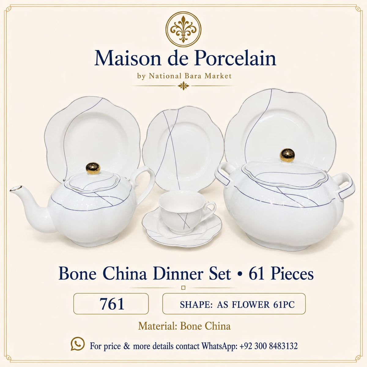 Bone China Dinner Set – AS FLOWER | 61 Pieces | Design Code: 761