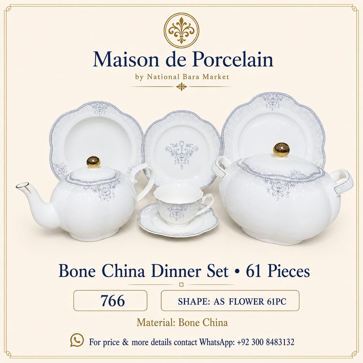 Bone China Dinner Set – BLUE FLORAL | 61 Pieces | Design Code: 766