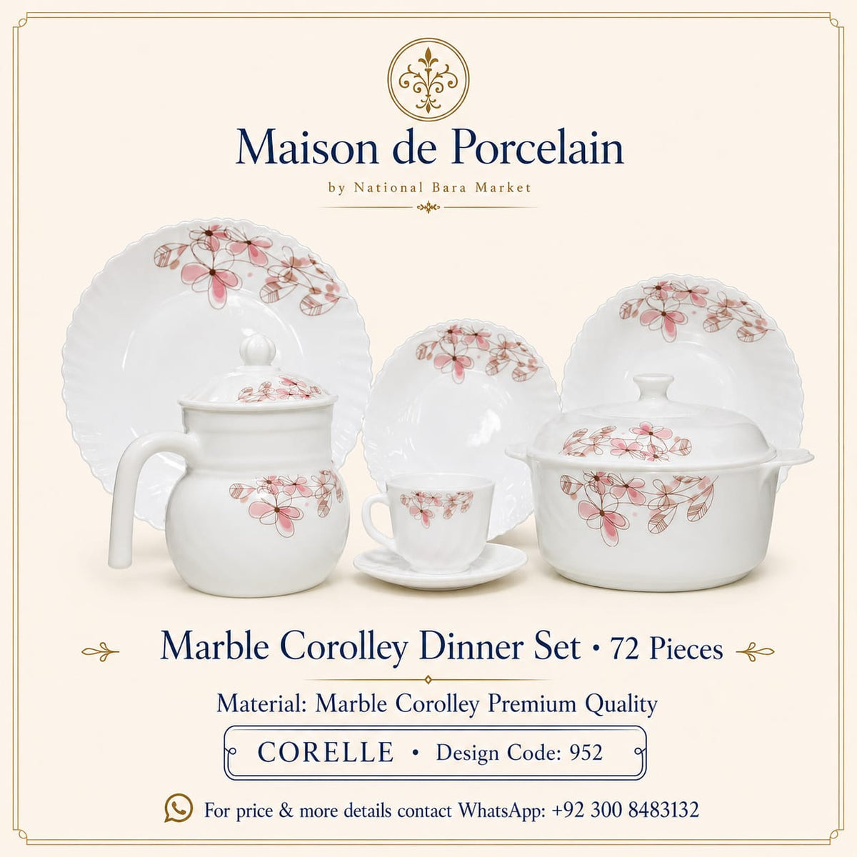 Marble Corolley Dinner Set – Pink Blossom Floral | 72 Pieces | Design Code: 952